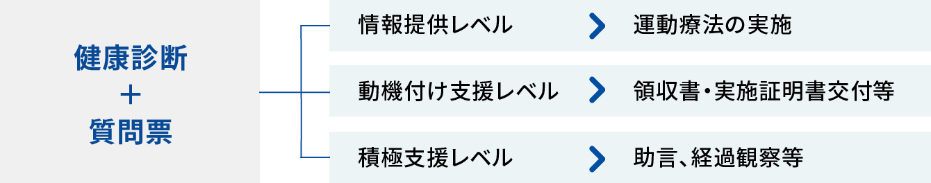 健康診断＋質問票　運動療法の実施、領収書、実施証明書交付等、助言、経過観察等