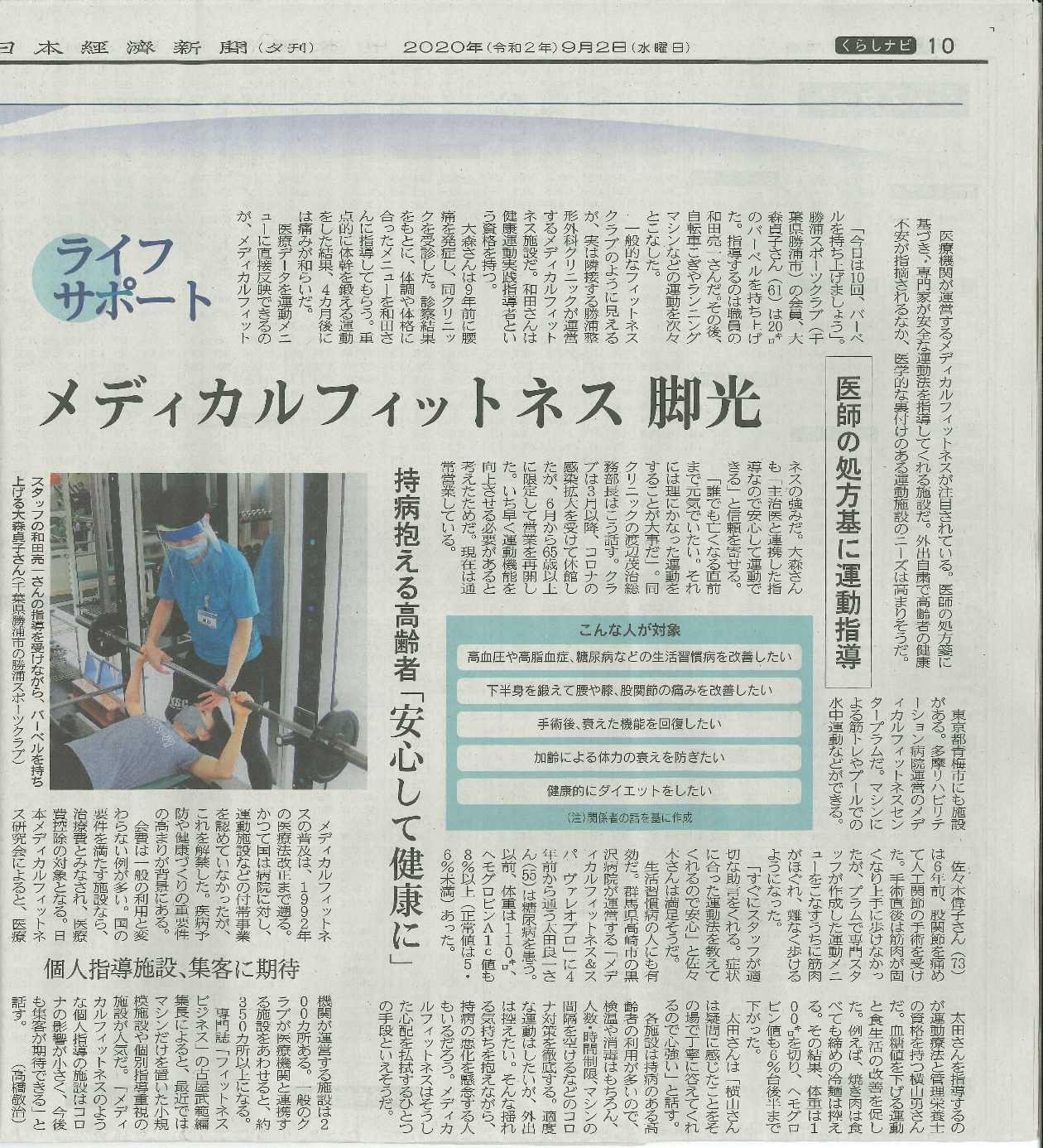 健康増進施設・指定運動療法施設に関する記事が日本経済新聞に掲載されました